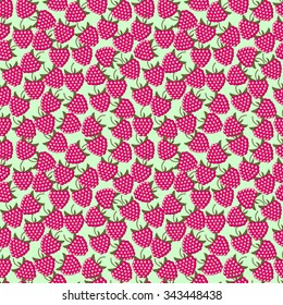 Seamless fruits vector pattern, bright pink background with raspberries, over light green backdrop