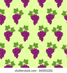 Seamless fruits vector pattern, bright color background with grapes and leaves, over light green backdrop