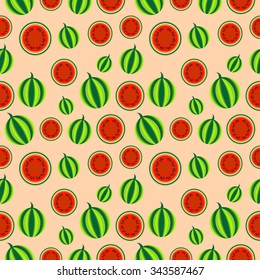 Seamless fruits vector pattern, bright color background with watermelons, whole and half, over pink backdrop
