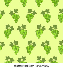 Seamless fruits vector pattern, bright color background with grapes and leaves, over green backdrop