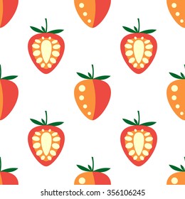 Seamless fruits vector pattern, bright symmetrical background with closeup strawberries, on the white backdrop
