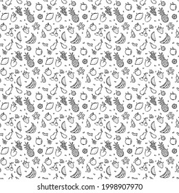 Seamless fruits vector pattern. Doodle vector with fruit pattern on white background. Vintage fruit pattern, sweet elements background for your project, menu, cafe shop. 