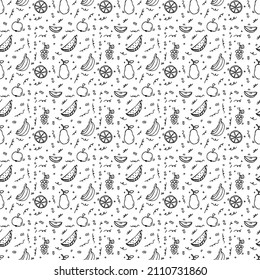 Seamless fruits vector pattern. Doodle vector with fruit pattern on white background. Vintage fruit pattern, sweet elements background for your project, menu, cafe shop.