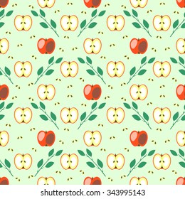 Seamless fruits vector pattern, geometric background with red apples and leaves and bones, whole and half, over blue backdrop
