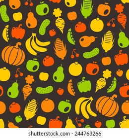 seamless fruits and vegetables bright color pattern on black background