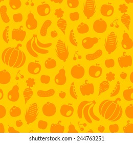 seamless fruits and vegetables bright pattern on yellow background