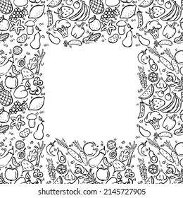 Seamless fruits and vegetables pattern with place for text. Doodle vector with fruits and vegetable icons on white background. Vintage fruits and vegetable illustration