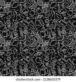 Seamless fruits and vegetables vector pattern. Doodle vector with fruits and vegetables icons on black background. Vintage vegan pattern, sweet elements background for your project, menu, cafe shop.