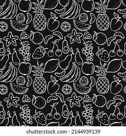 Seamless fruits and vegetables vector pattern. Doodle vector with fruits and vegetables icons on black background. Vintage vegan pattern