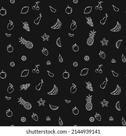 Seamless fruits and vegetables vector pattern. Doodle vector with fruits and vegetables icons on black background. Vintage vegan pattern