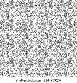 Seamless fruits and vegetables vector pattern. Doodle vector with fruits and vegetables icons on white background. Vintage vegan pattern