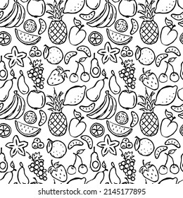 Patrón vectorial de frutas y verduras sin foco. Vector de doodle con iconos de frutas y verduras sobre fondo blanco. Patrón vegano vintage