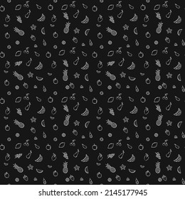 Seamless fruits and vegetables vector pattern. Doodle vector with fruits and vegetables icons on black background. Vintage vegan pattern