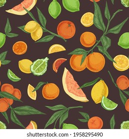 Seamless fruity pattern with different citrus fruits on black background. Endless repeatable texture with realistic oranges, lemons and limes. Hand-drawn colored vector illustration for printing