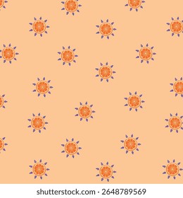 Seamless fruity pattern with orange slices as suns and purple rays on peach background. Vibrant summer design for textiles, packaging, or digital projects.