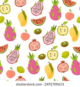 Seamless fruity pattern. Tropical background with summer fruits and berries repeating print. Printable endless texture design with exotic healthy vitamin food. Vector illustration 