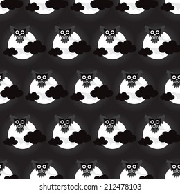 Seamless full moon and dark night halloween owls and clouds illustration background pattern in vector