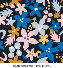 Seamless fun bold floral and leaf repeat pattern made from cut paper in bright color