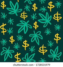 Seamless fun cannabis and money pattern for textile, socks, napkins, linen. Abstract hemp and dollar illustration vector surface pattern in memphis style. Doodle, marker design style for wallpaper. 