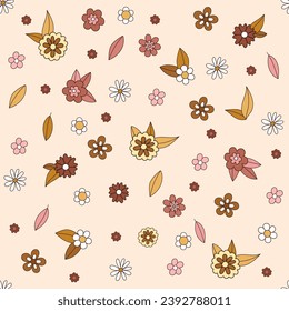 Seamless fun children pattern with flower. Retro style with stroke