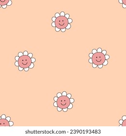 Seamless fun children pattern with smiling flower. Retro style with stroke