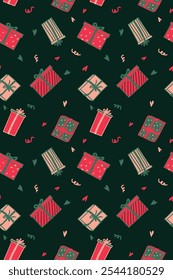Seamless fun Christmas gift box pattern with varied wrapping paper designs, confetti and ribbons vector pattern great for gift wrap, stationeries, scarves, gifting, in festive colours, cute style art 