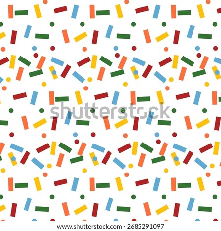 A seamless fun and colorful geometric pattern featuring small circles and short rectangular sprinkles in red, blue, green and yellow on a clean white background