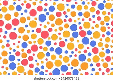 Seamless fun colorful organic circle shape pattern with editable outline stroke. Simple creative minimalist blob art style background for children, trendy, or playful design. Vector illustration