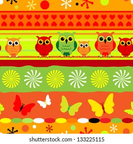 Seamless fun colorful stripes with cartoons owls and butterflies in orange, green, yellow and red.