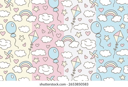 Seamless fun cute pattern  of kids stickers, icons on transparent background. Hand drawn children's doodles sketch elements