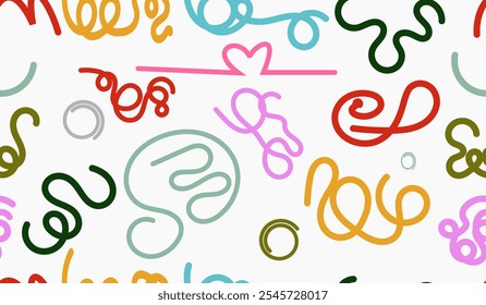 Seamless fun doodle sketch pattern with colorful shapes and lines on white background
