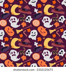 Seamless fun halloween doodle with purple background pattern. Vector.