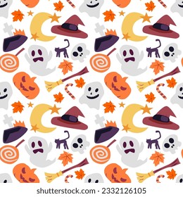 Seamless fun halloween doodle with transparent background pattern. Vector.