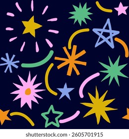Seamless fun kid pattern with multicolor hand drawn stars. Colorful abstract background with fireworks. Childish cool geometric design for fabric, cover, banner, label, print, wrapping, wallpaper