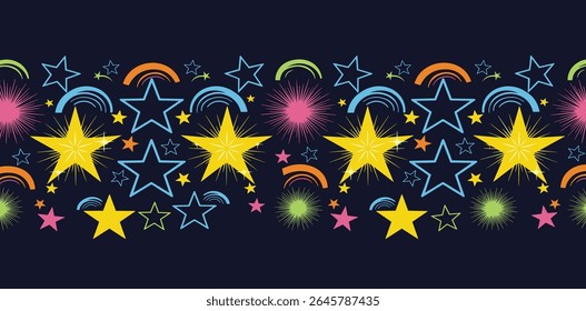 Seamless fun kid pattern with multicolor hand drawn stars. Colorful abstract background with fireworks. Childish cool geometric design for fabric, cover, banner, label, print, wrapping, wallpaper