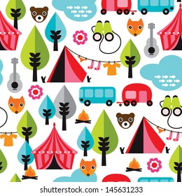 Seamless fun kids animal vacation summer camp trip background pattern in vector