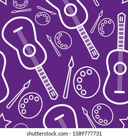 Seamless fun pattern with guitars and paints on the purple background. Vector ornament for musicians and painters. Usable for banner, poster, card, album cover, wrapping paper, packaging, textile