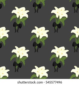 Seamless funeral pattern with calla and black bow. 