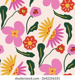 Seamless funky floral pattern, Playful hand drawn flowers for digital paper, home decor