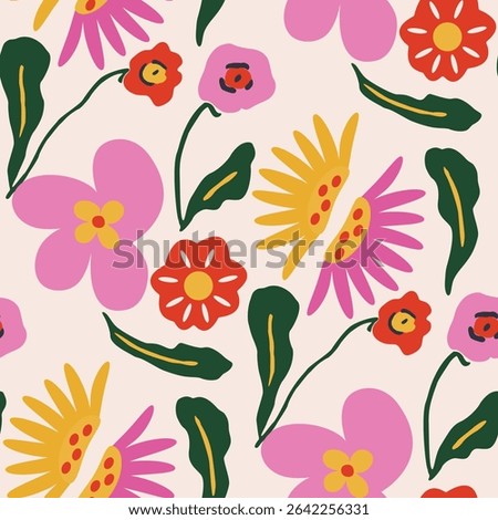 Seamless funky floral pattern, Playful hand drawn flowers for digital paper, home decor