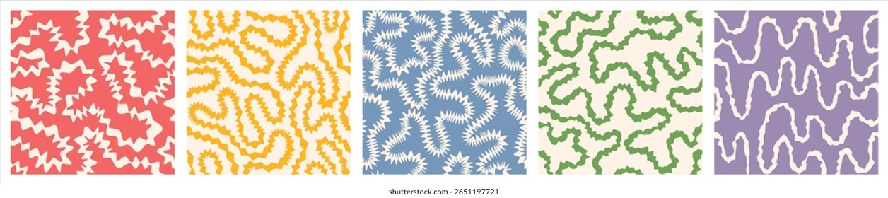 Seamless funky groovy abstract patterns set. Unusual trendy modern psychedelic maze repeat backgrounds collection. Uneven hand drawn zigzag spiky continuous distorted twisted doodle endless line.
