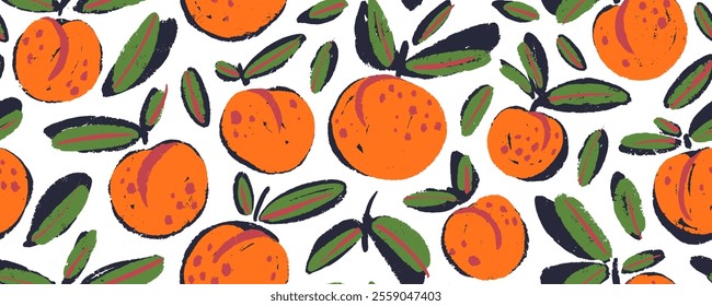 Seamless funky pattern with hand drawn peaches or apricots. Colorful brush drawn fruits design. Modern naive background with kid drawings. Cute primitive peaches and apricots with crayon texture.