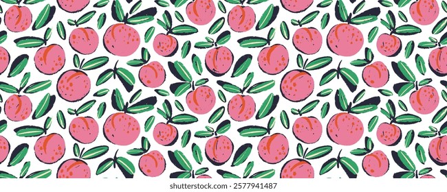 Seamless funky pattern with hand drawn peaches or apricots. Colorful brush drawn fruits design. Modern naive background with kid drawings. Cute primitive peaches and apricots with crayon texture.