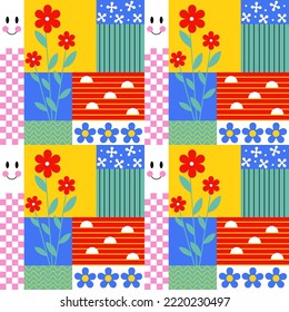 Seamless funny abstract pattern in retro style. Modern Hippie geometric background. 