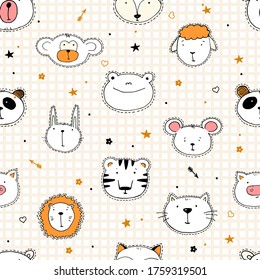 Seamless funny animals heads set of vector illustrations. Design element, cards with hand drawn faces of wild animals in cartoon.