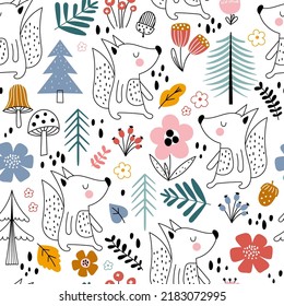 Seamless funny cartoon cute fox vector pattern. Hand drawn vector texture for kids design. Doodle forest background.