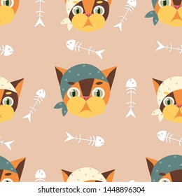 Seamless funny cartoon pattern with red cats pirates on beige background with fish skeleton