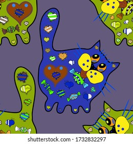 Seamless funny cat background. Repeated doodles. Illustration in blue, green and neutral versicolors. Vector. Abstract seamless pattern for wallpaper, clothes, boys, girls.
