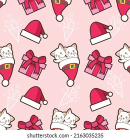 Seamless funny cat with Christmas hat pattern