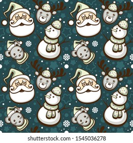 Seamless funny  christmas pattern. Design for fabric, greeting card and holiday decoration. Vector illustration with cute Santa, mouse, deer and snowman.